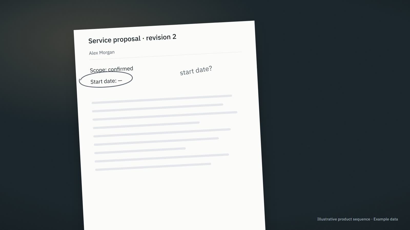 A printed service proposal on a dark table. The start date line is circled in pencil, with the note “start date?” in the margin.